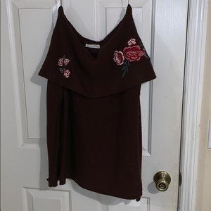 Off-shoulder Sweater w/ Rose Embellishments